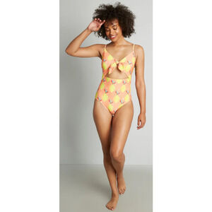 ModCloth Plus 1X The Siena One-Piece Swimsuit Pink Yellow Fruit Print Bow Front